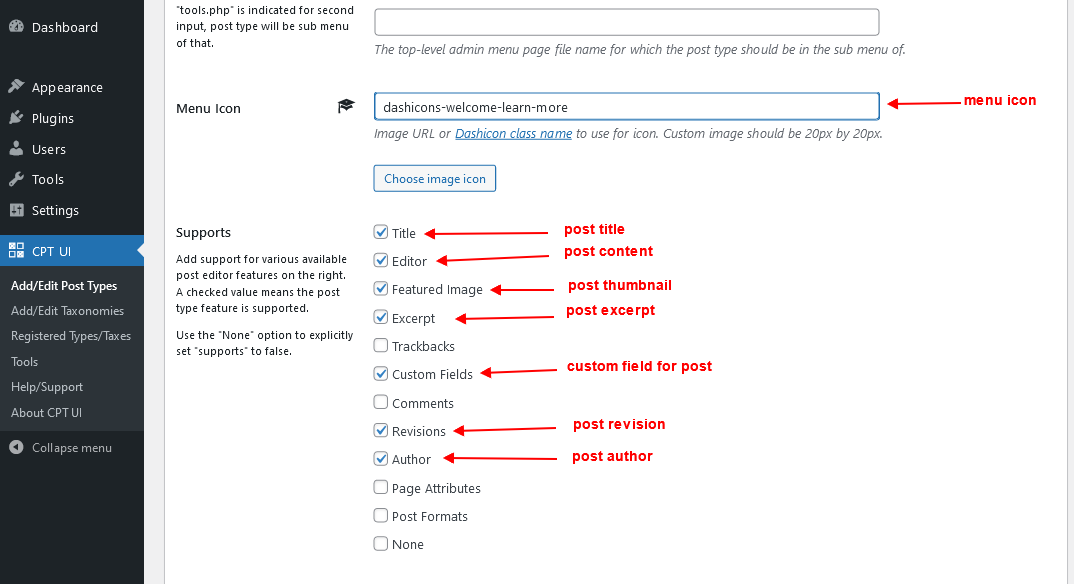 CPT UI - Settings Section > Support Fields