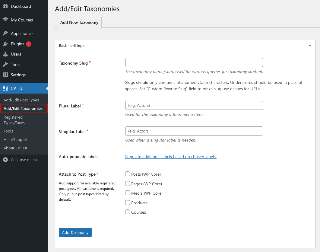 Custom Taxonomy Basic Options