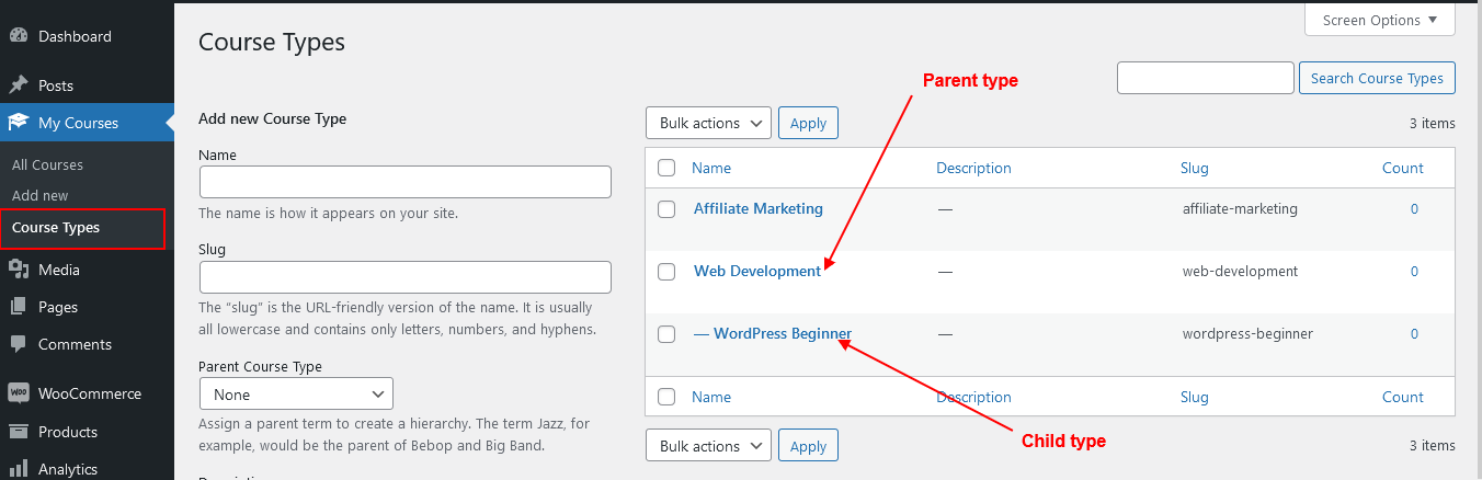 Custom Taxonomy Course Types