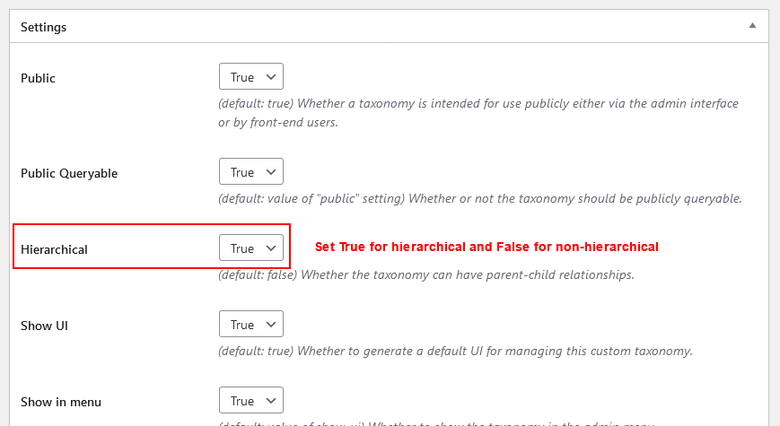 Custom Taxonomy Settings