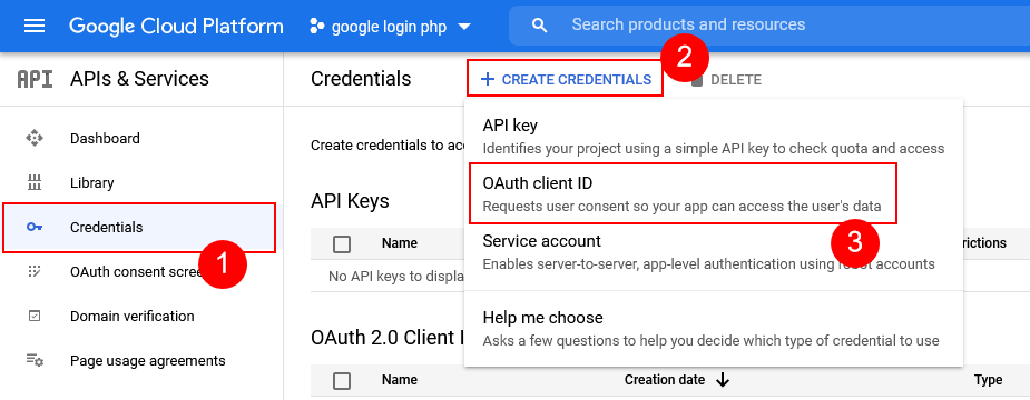 google create credentials